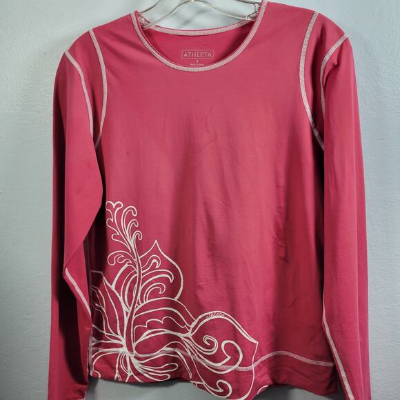 Athleta Pink Long Sleeve Tee Shirt Size 8 White Floral Design 92125-1206 - Picture 3 of 9